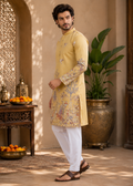 Men Mustard Heritage Embroidered Kurta Trouser Set