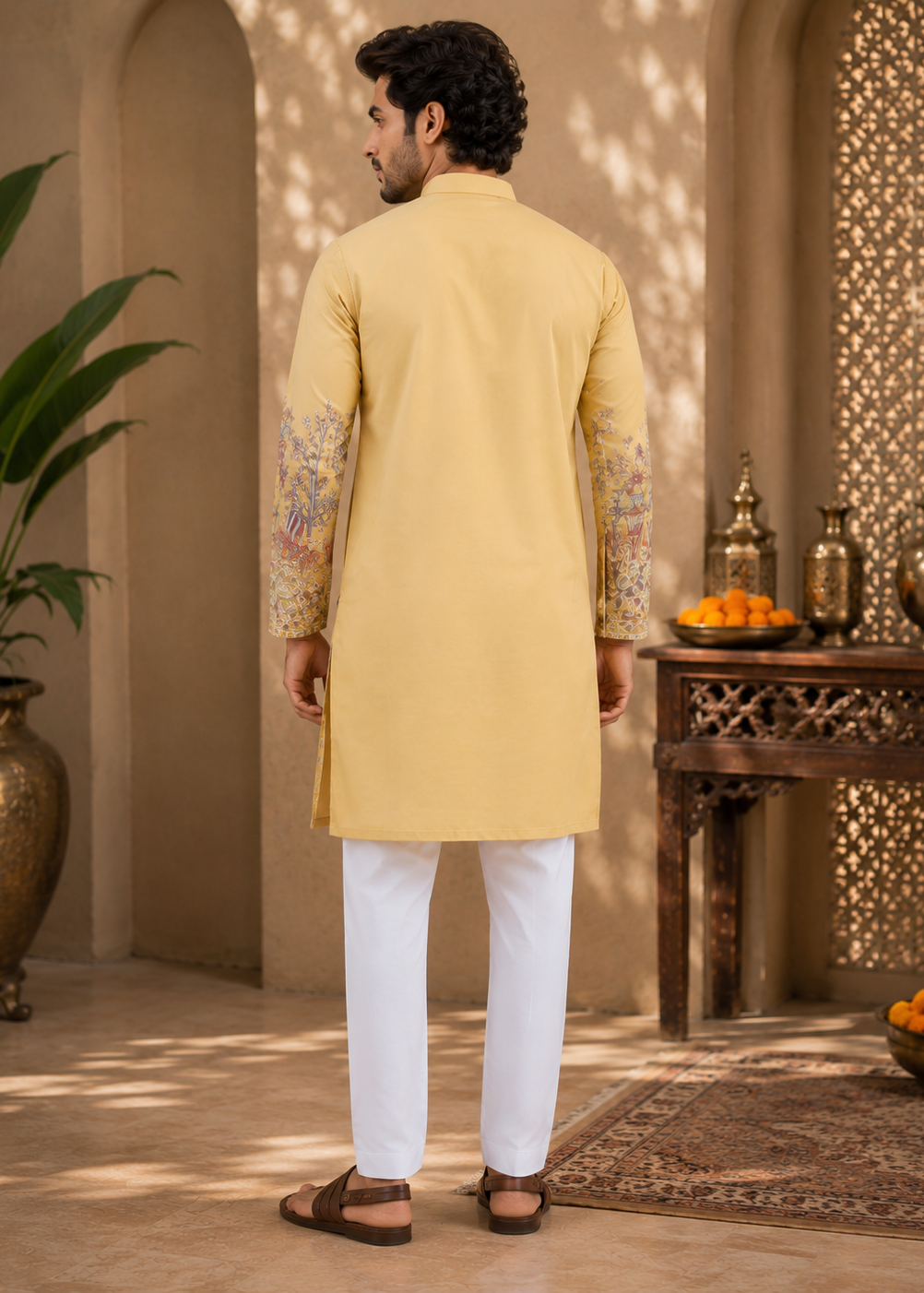 Man wearing a yellow kurta with white pants in an indoor setting with decorative elements.