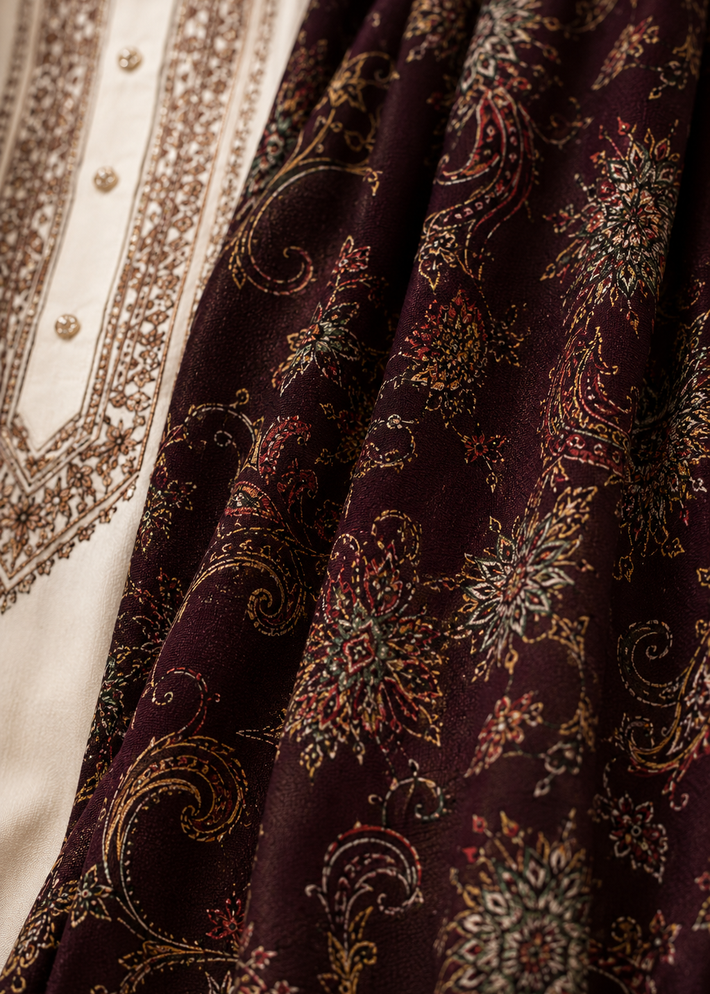 Men White Embrioded Kurta Trouser with Dupatta Set