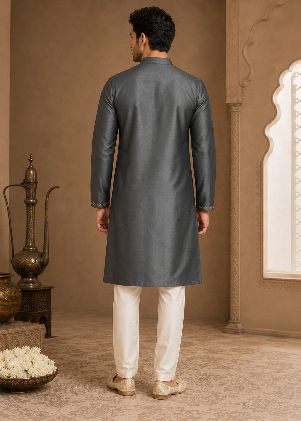 Men Charcoal Grey Embroidered Peacock Kurta Set