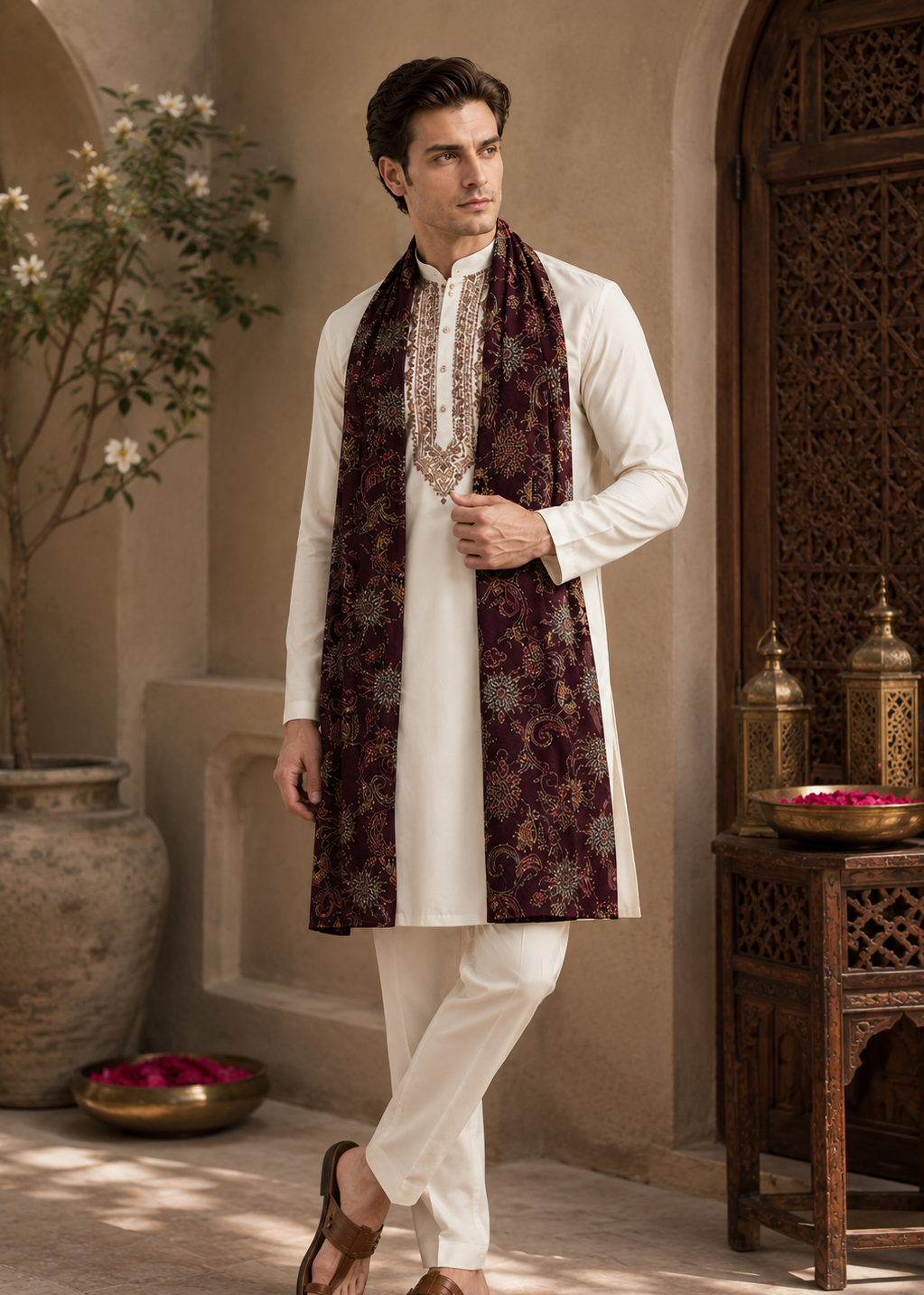 Man wearing a traditional outfit with a patterned scarf in an indoor setting.