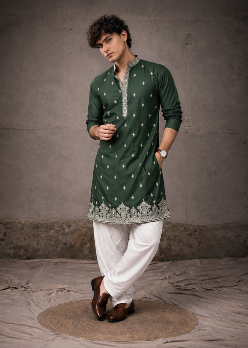 Royal Green Kurta Trouser with Delicate All-Over Embroidery