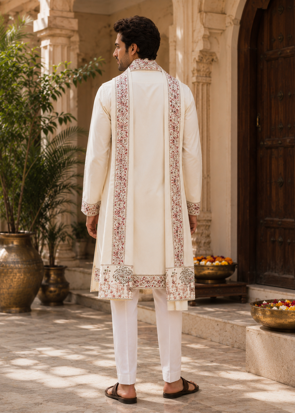 Men Classic Ivory Kurta Trouser Set with Dupatta