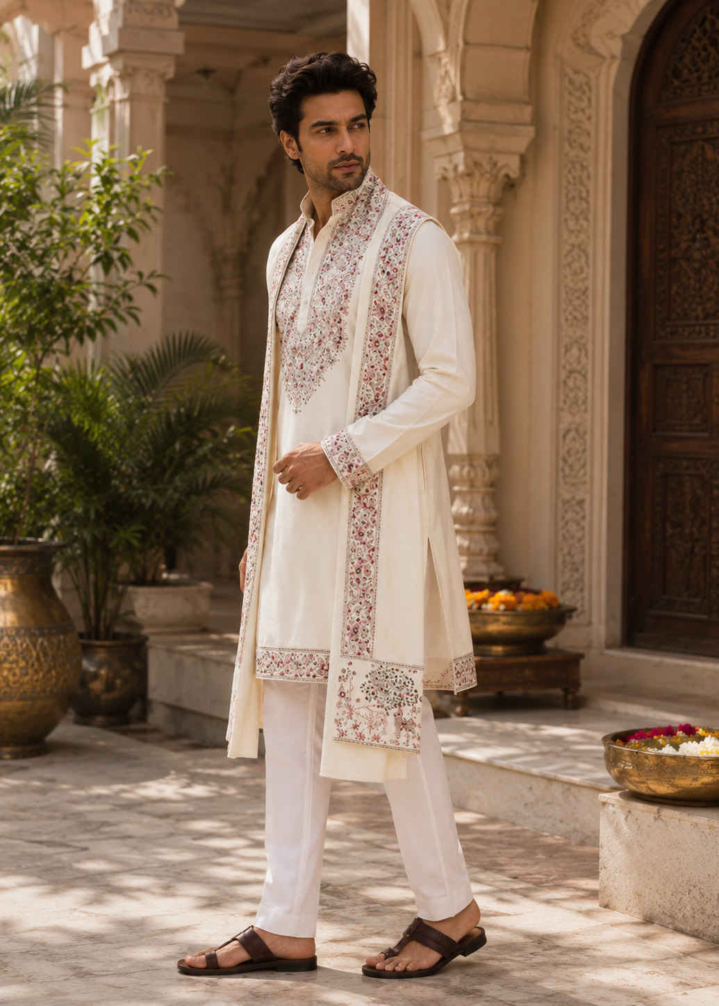 Men Classic Ivory Kurta Trouser Set with Dupatta