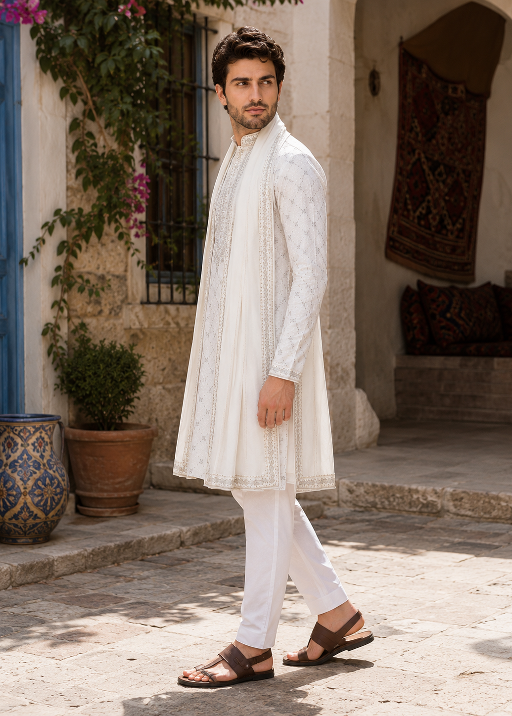 Designer Embroidered Ivory Kurta Pajama Set