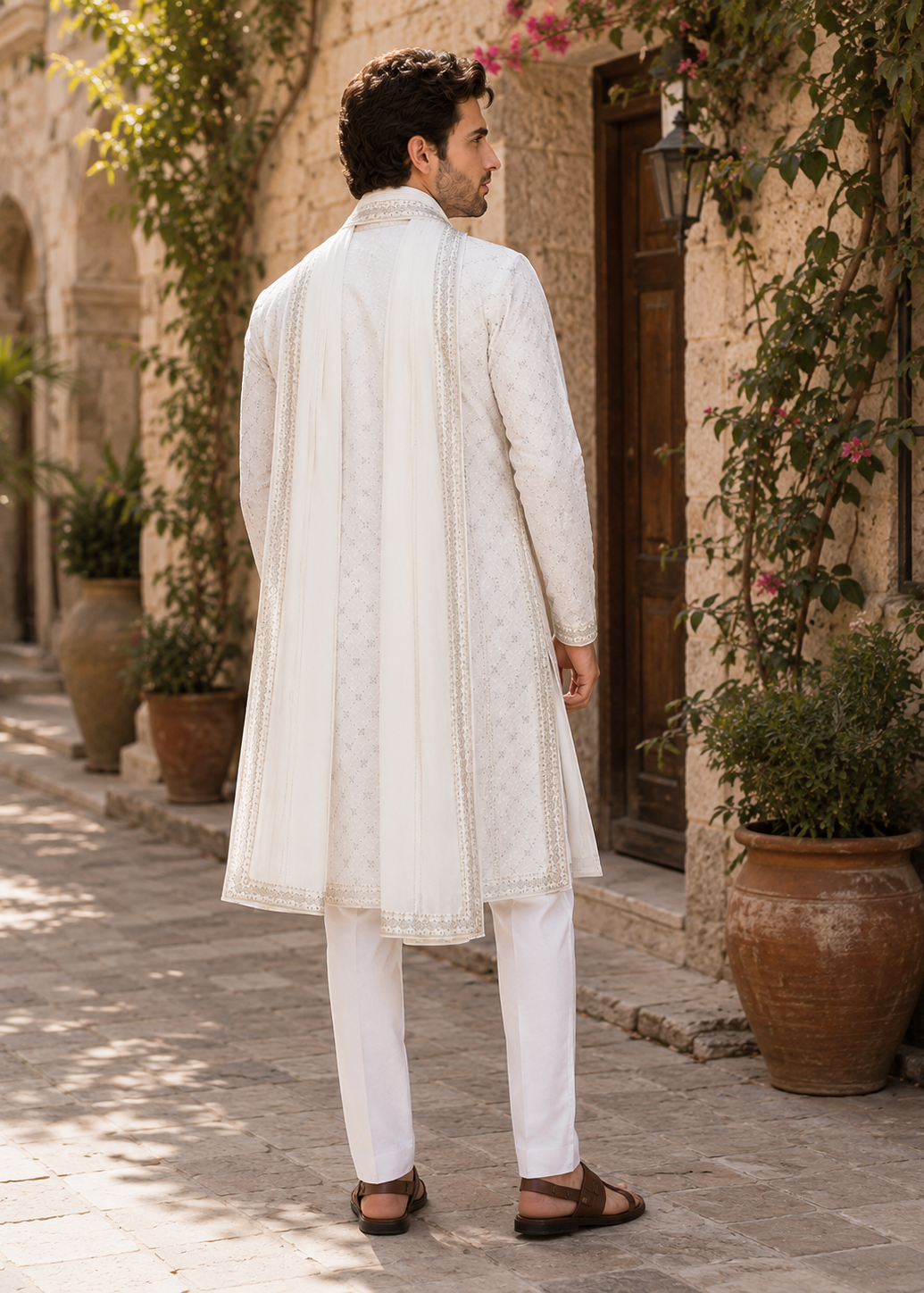 Designer Embroidered Ivory Kurta Pajama Set