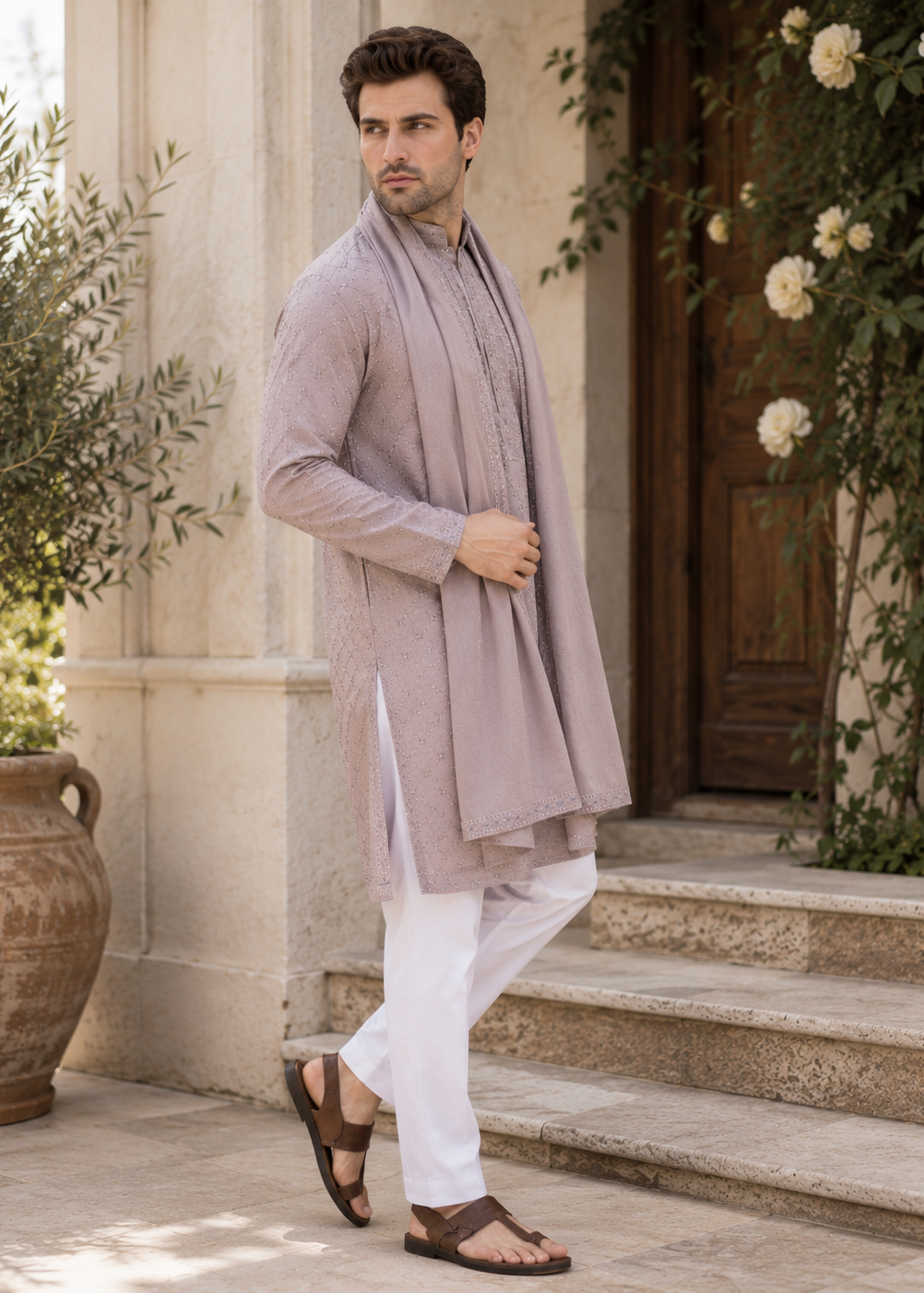 Men Dusty Mauve Embroidered Kurta Trouser with Dupatta Set