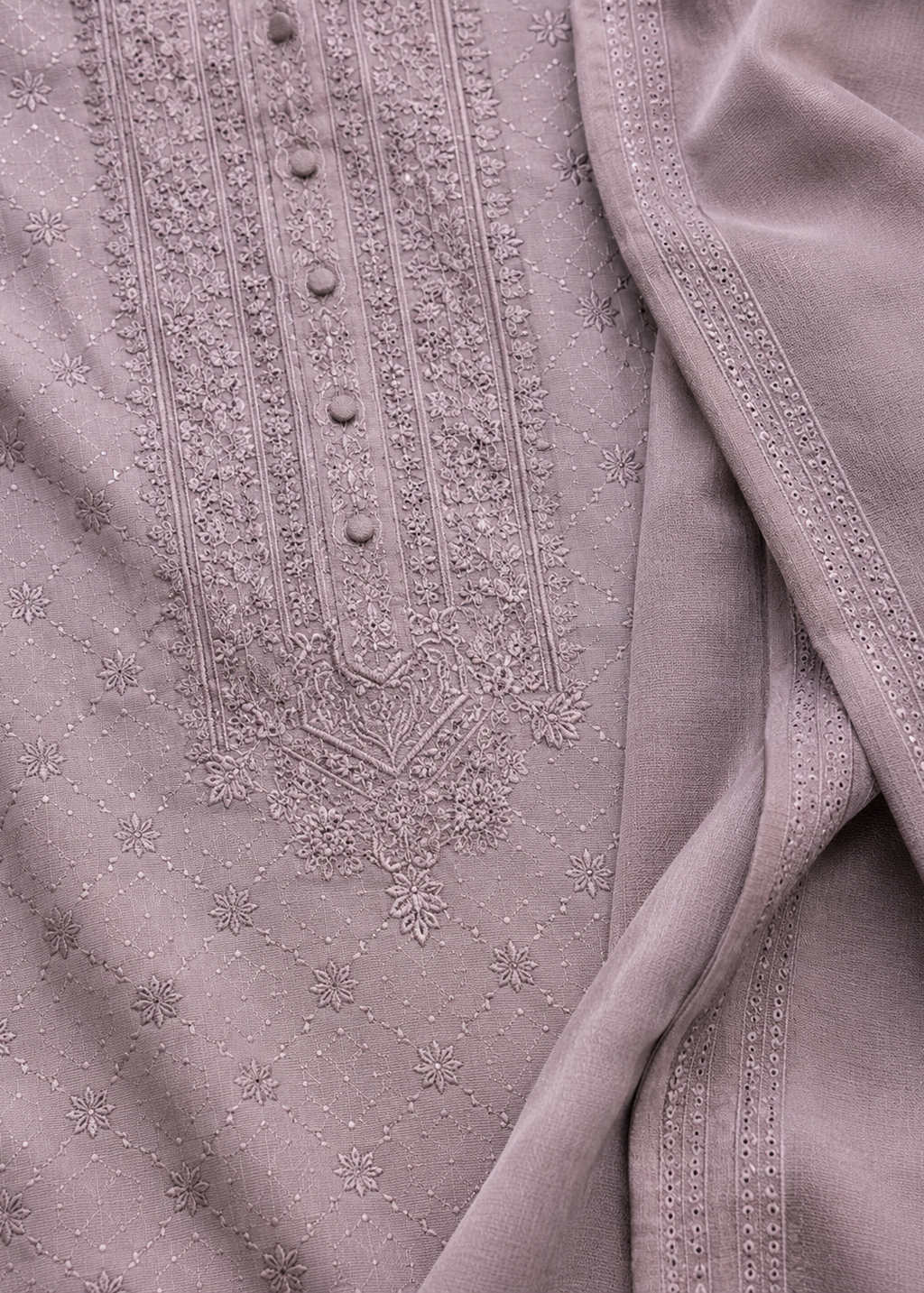 Men Dusty Mauve Embroidered Kurta Trouser with Dupatta Set