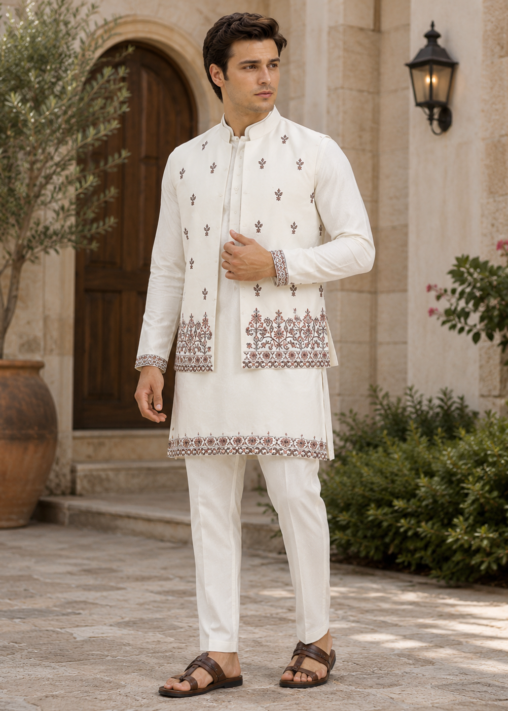 Off White Embroidered Jacket Kurta Trouser Set