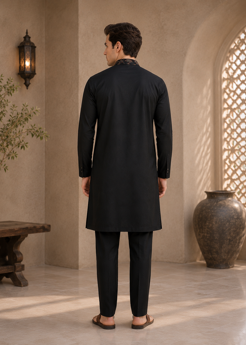 Black Cotton Blend Embellished Kurta Trouser Set With Dupatta