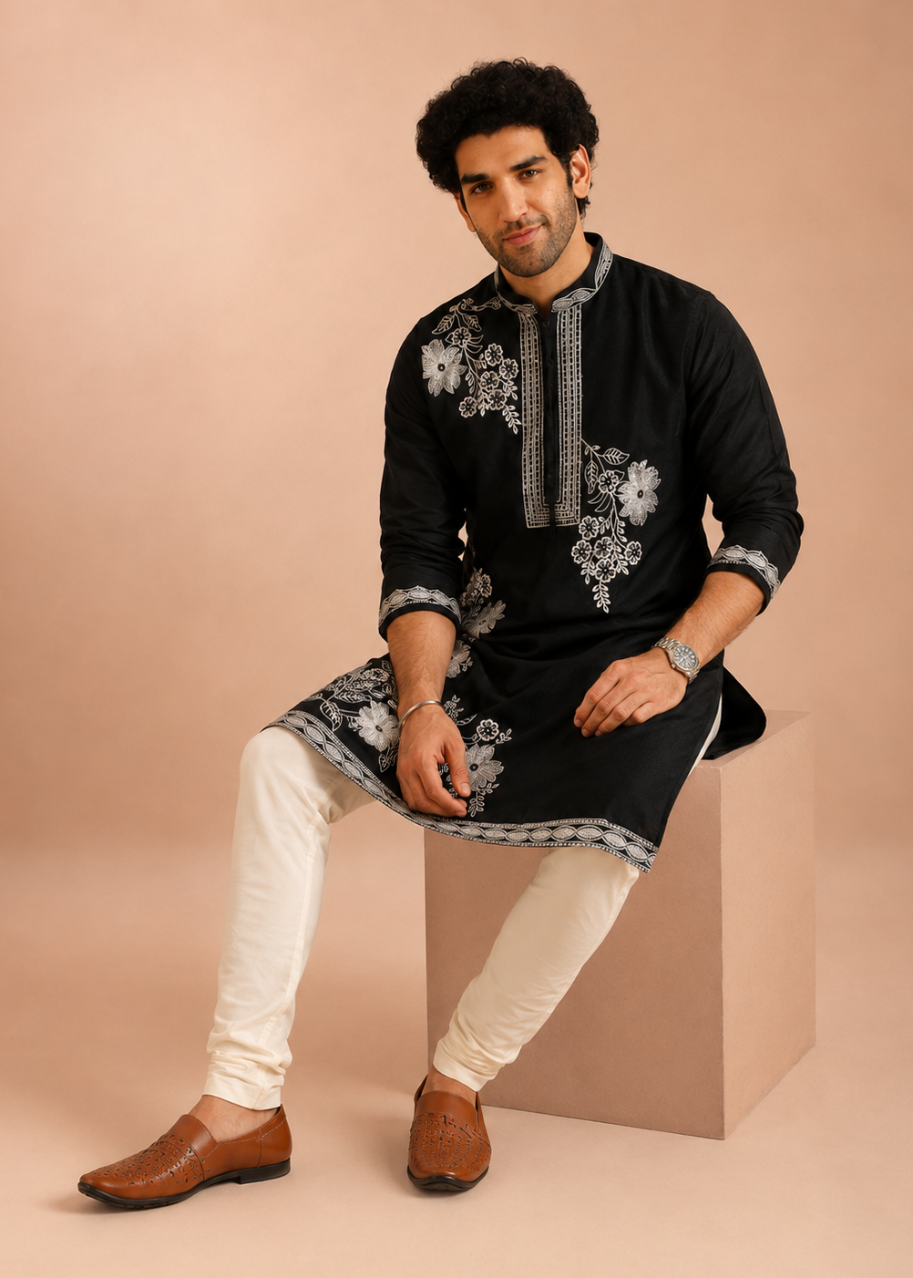 Black Floral Embroidered Kurta Set