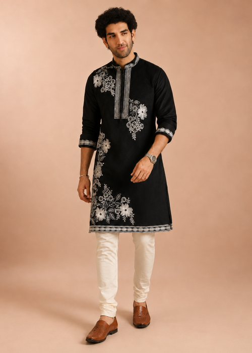 Black Floral Embroidered Kurta Set