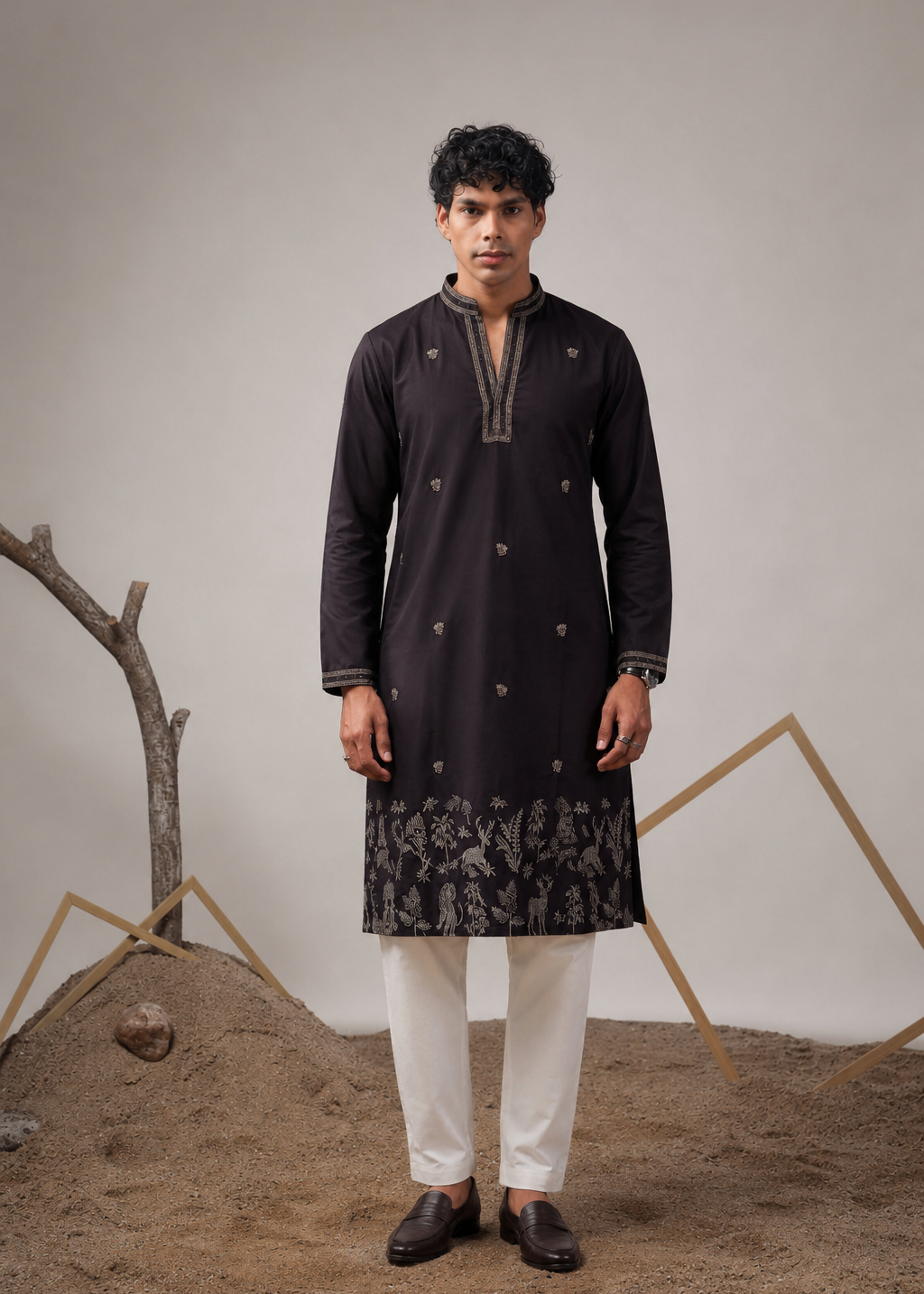 Black Silk Blend Embroidered Kurta Trouser Set