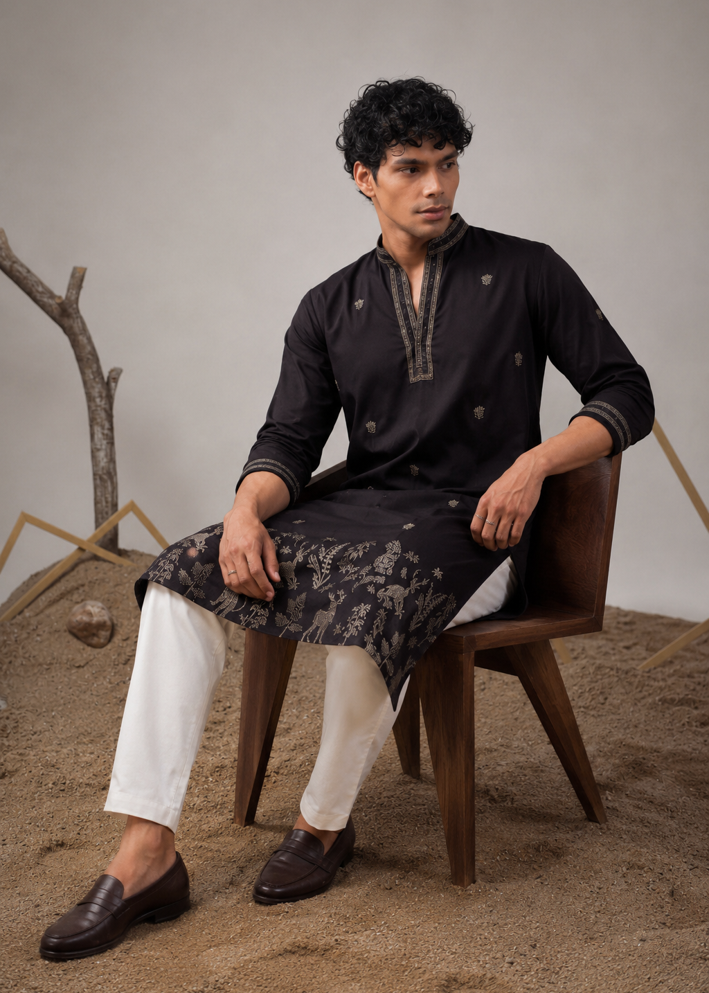 Black Silk Blend Embroidered Kurta Trouser Set