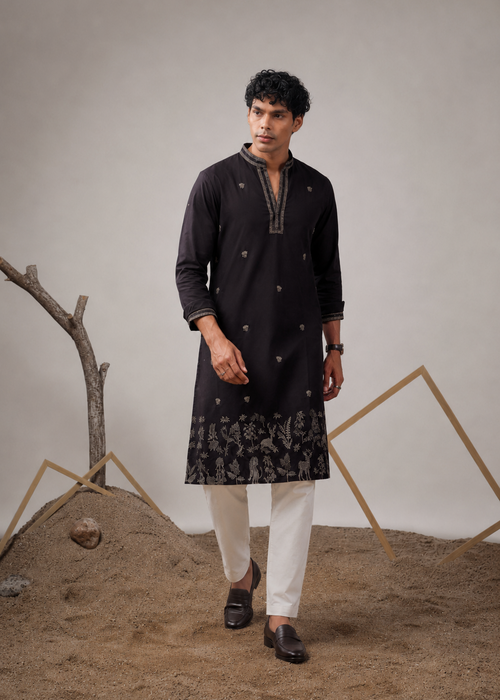 Black Silk Blend Embroidered Kurta Trouser Set