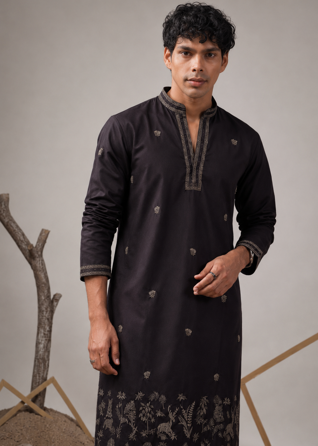 Black Silk Blend Embroidered Kurta Trouser Set