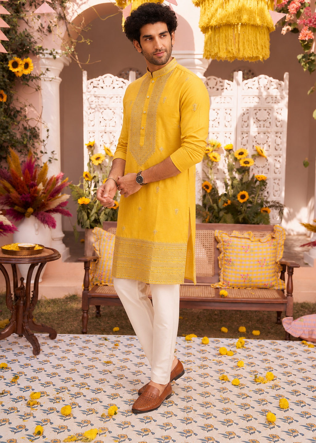 Yellow Embellished Kurta Trouser Set