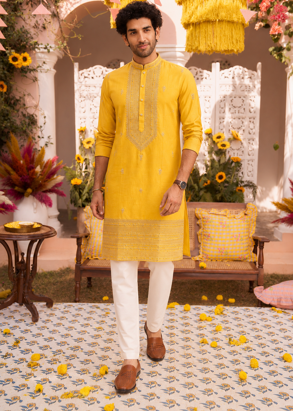 Yellow Embellished Kurta Trouser Set