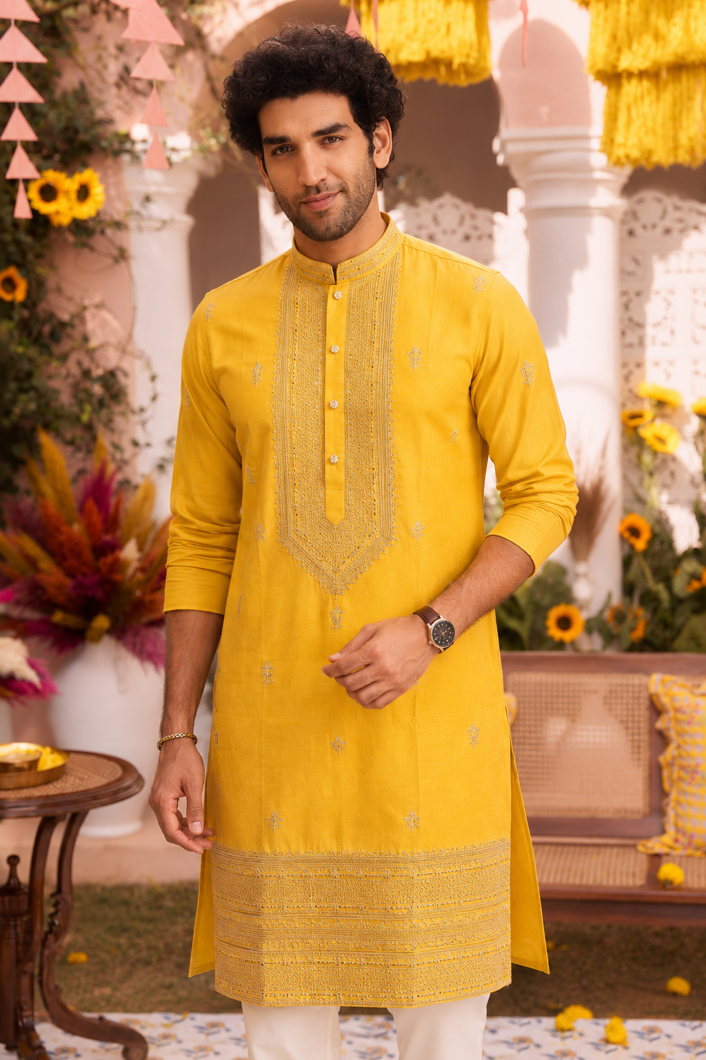 Yellow Embellished Kurta Trouser Set