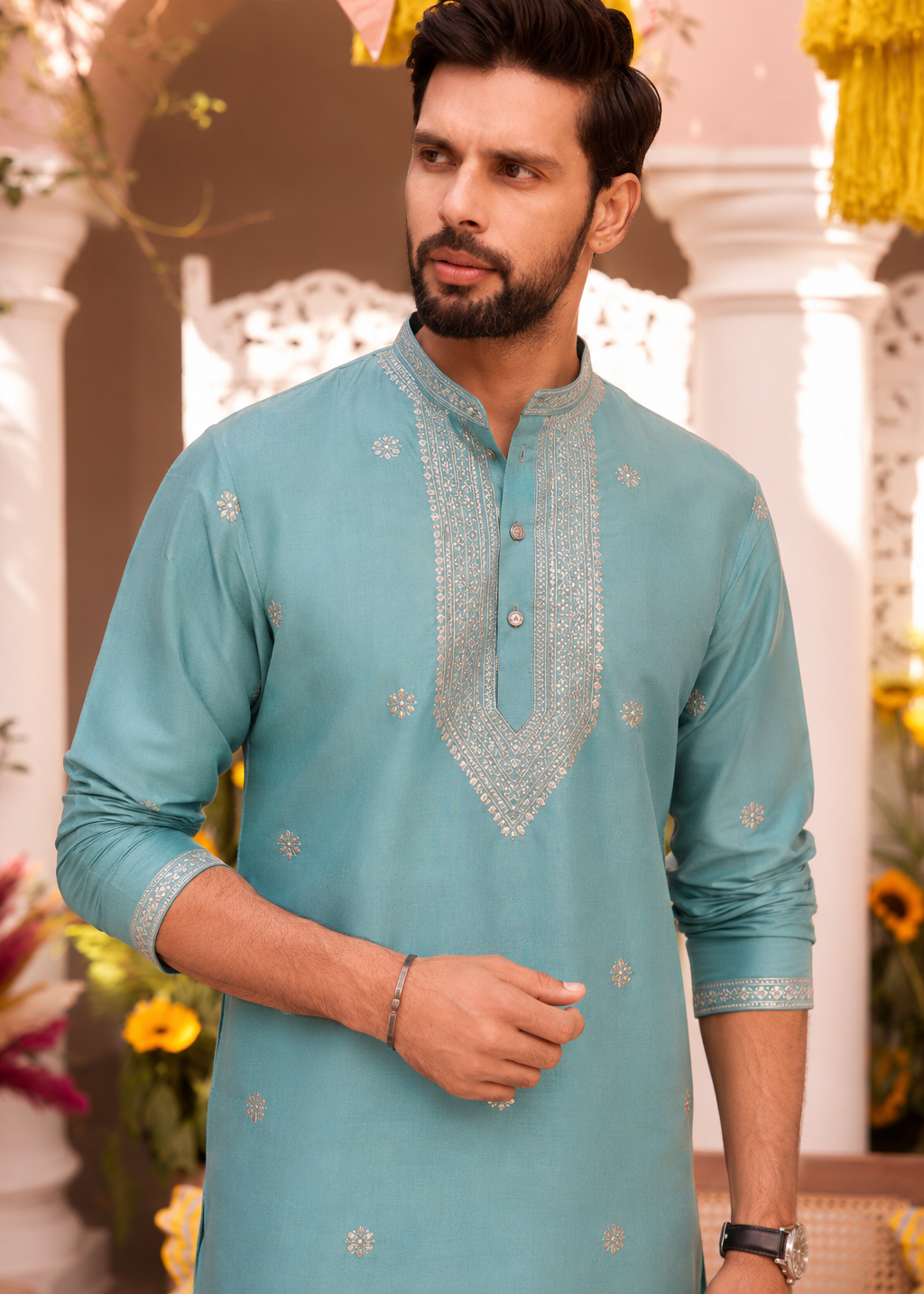Sky Blue Embroidered Kurta Pajama Set