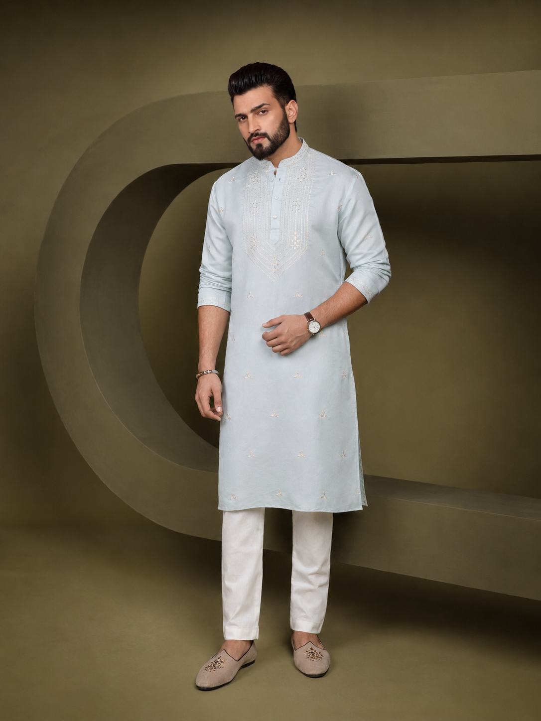 Men Serene Blue Kurta Trouser Set