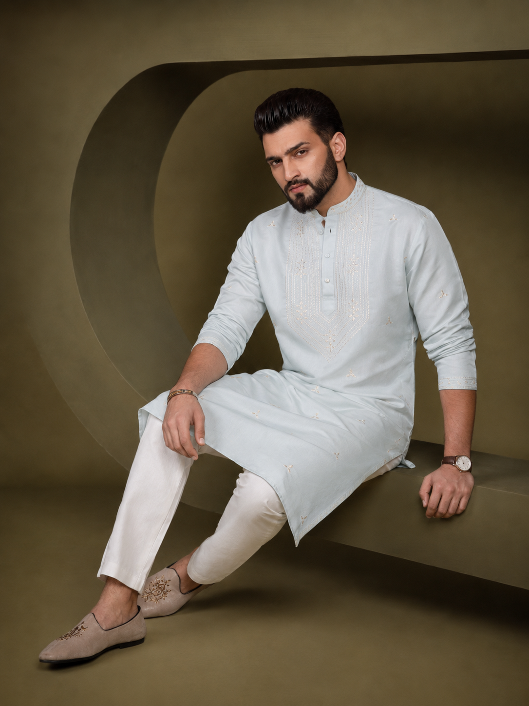 Men Serene Blue Kurta Trouser Set
