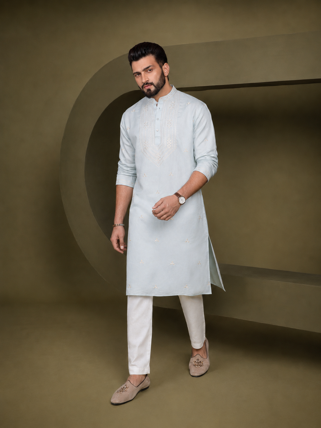 Men Serene Blue Kurta Trouser Set