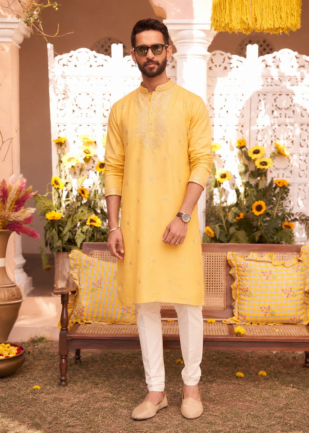 Yellow Sequin Embroidered Kurta Trouser Set
