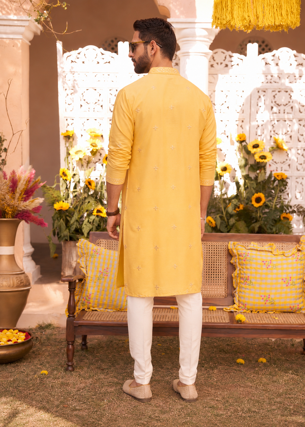 Yellow Sequin Embroidered Kurta Trouser Set
