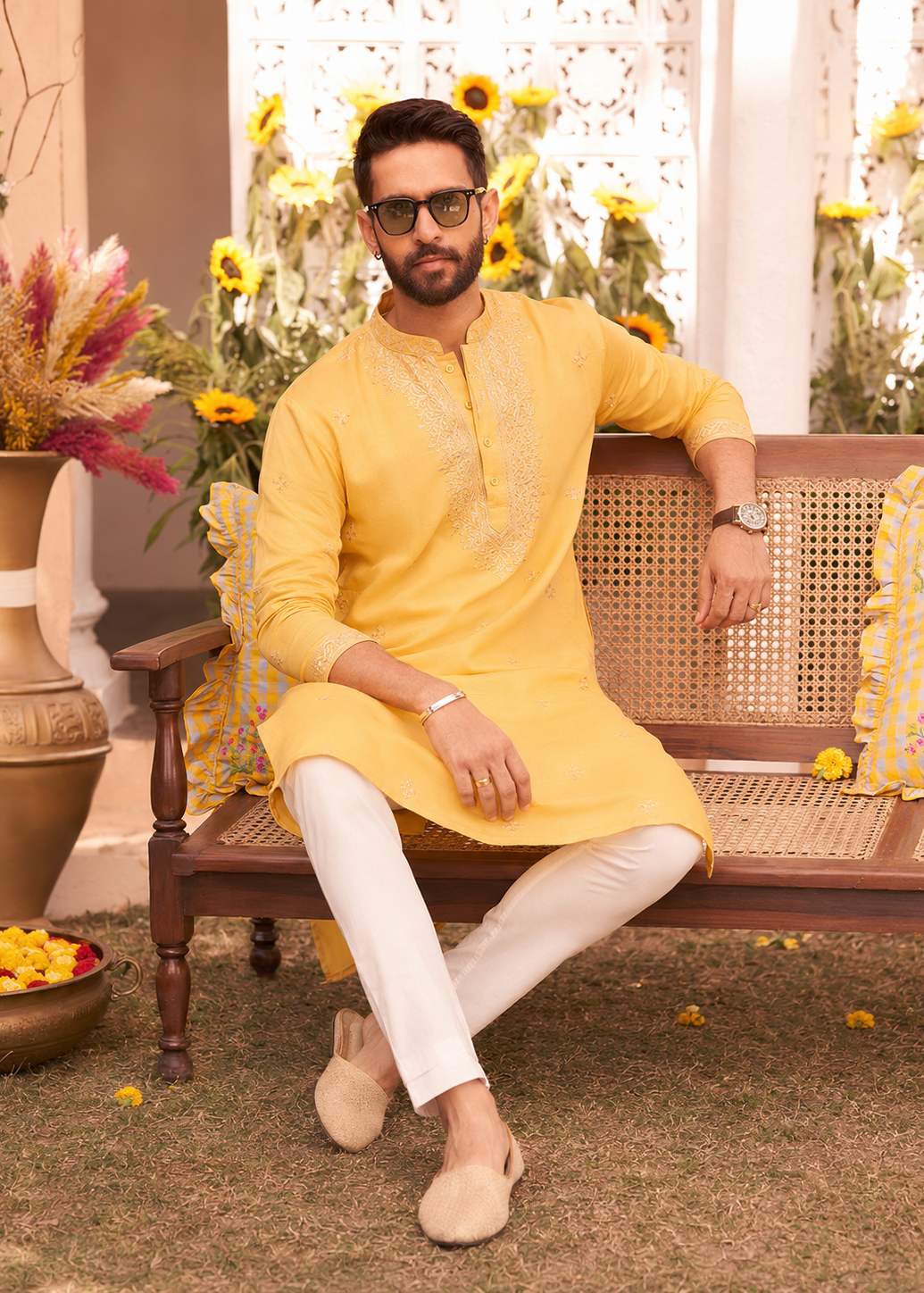 Yellow Sequin Embroidered Kurta Trouser Set