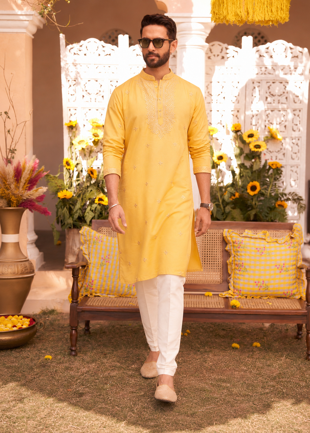Yellow Sequin Embroidered Kurta Trouser Set