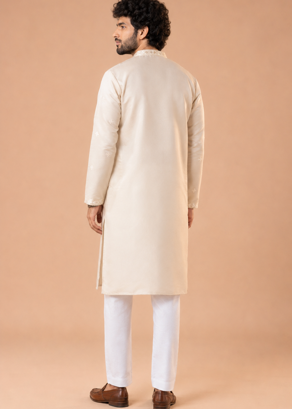 Cream Silk Blend Kurta Set with Intricate Woven Detailing and Matching Trousers Set