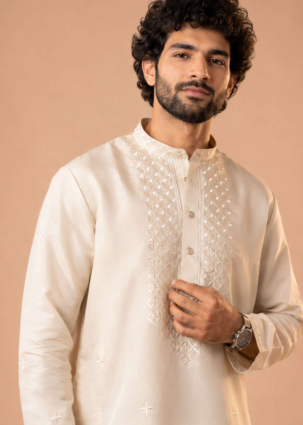 Cream Silk Blend Kurta Set with Intricate Woven Detailing and Matching Trousers Set