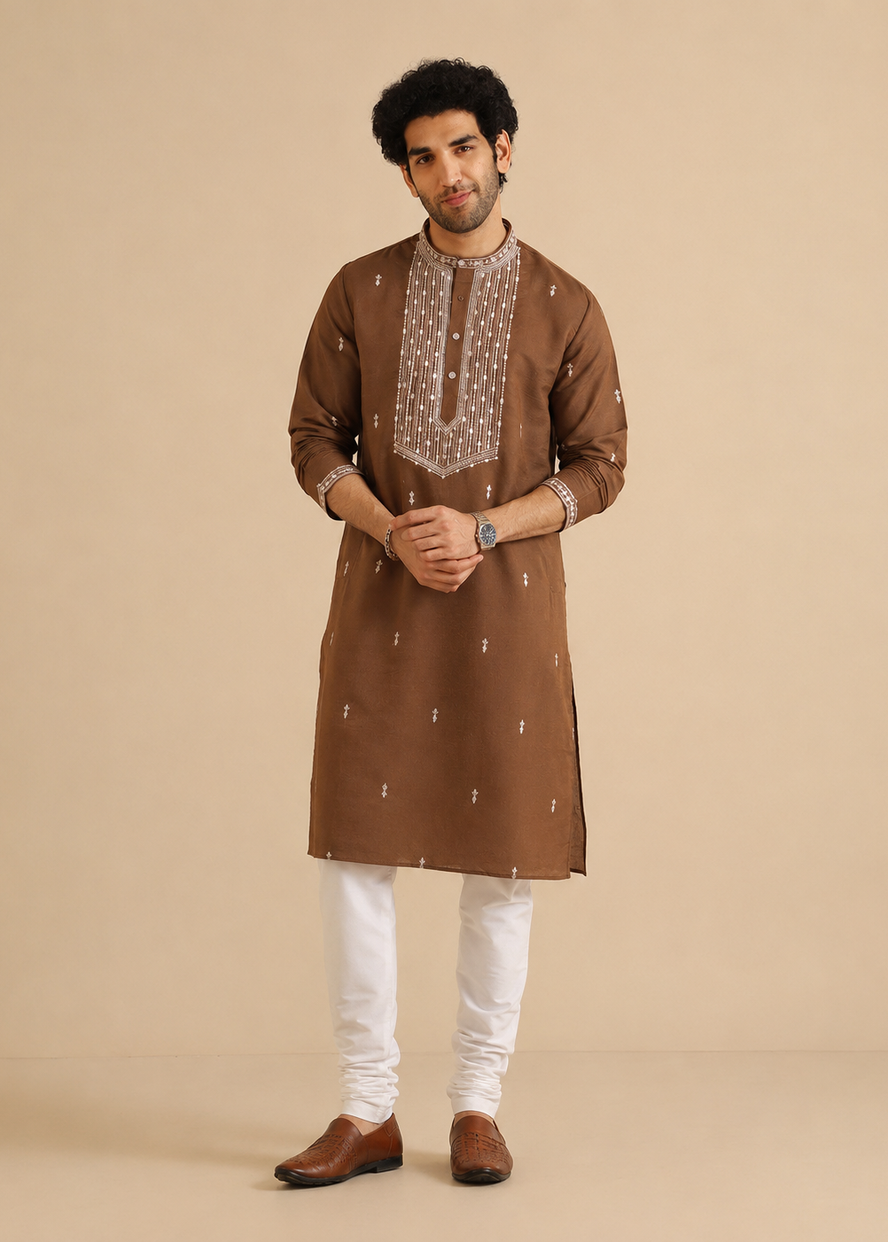 Dark Brown Embroidery and Sequence Kurta Trouser Set
