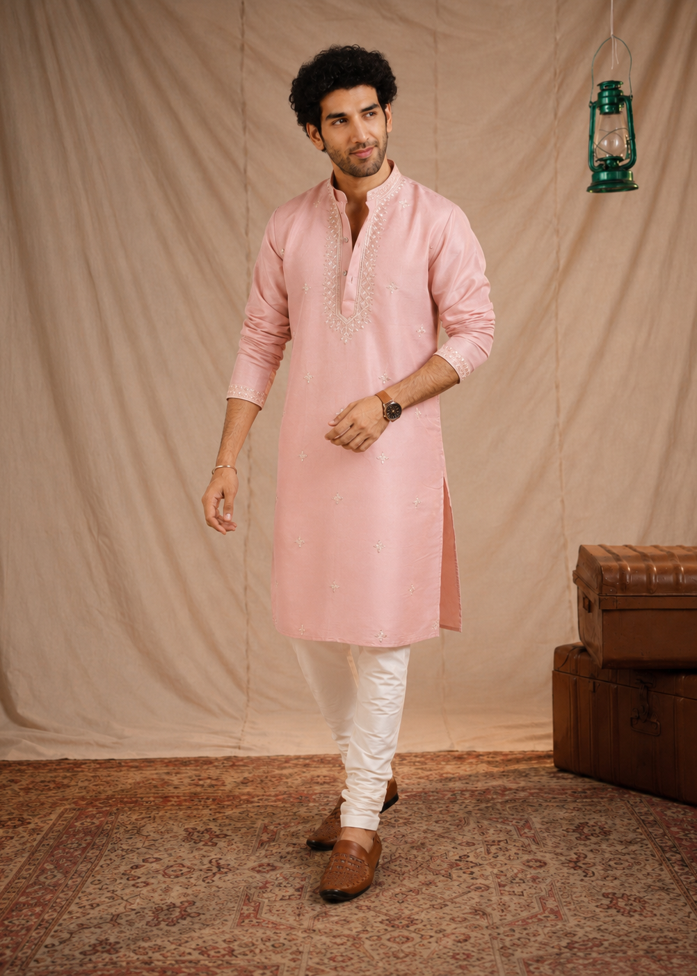 Light Pink Cotton Silk Kurta Trouser Set