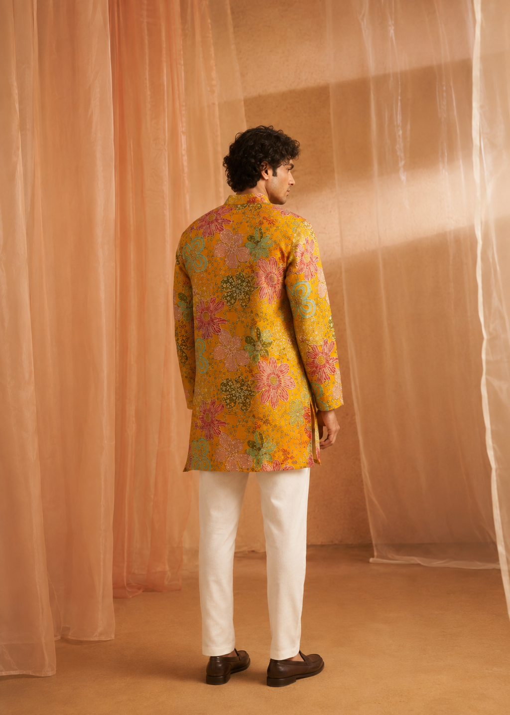 Men Yellow Floral Kurta Trouser Set