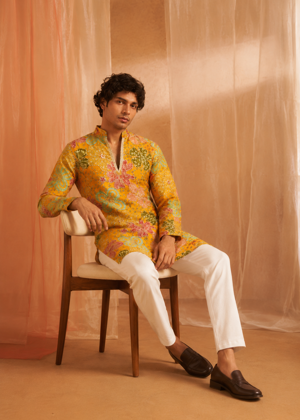 Men Yellow Floral Kurta Trouser Set