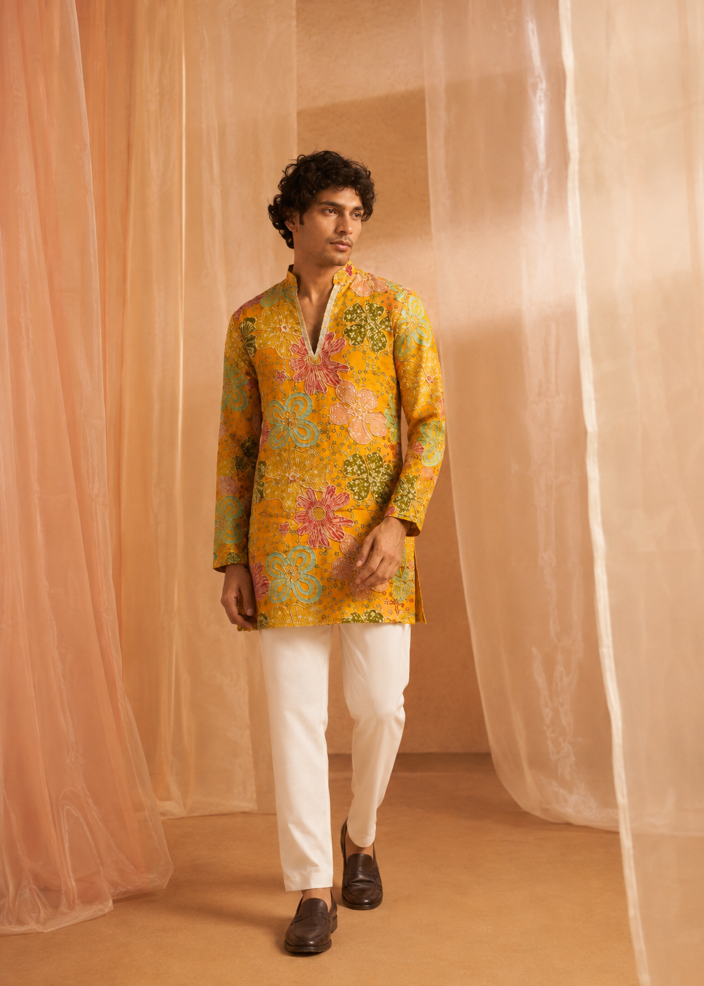 Men Yellow Floral Kurta Trouser Set