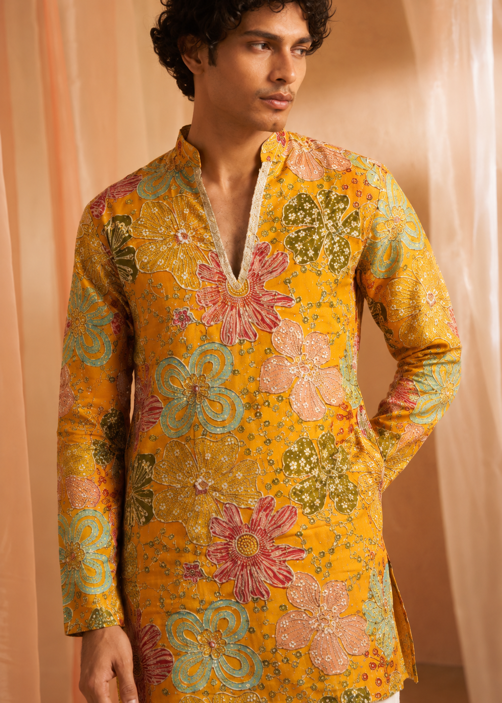 Men Yellow Floral Kurta Trouser Set