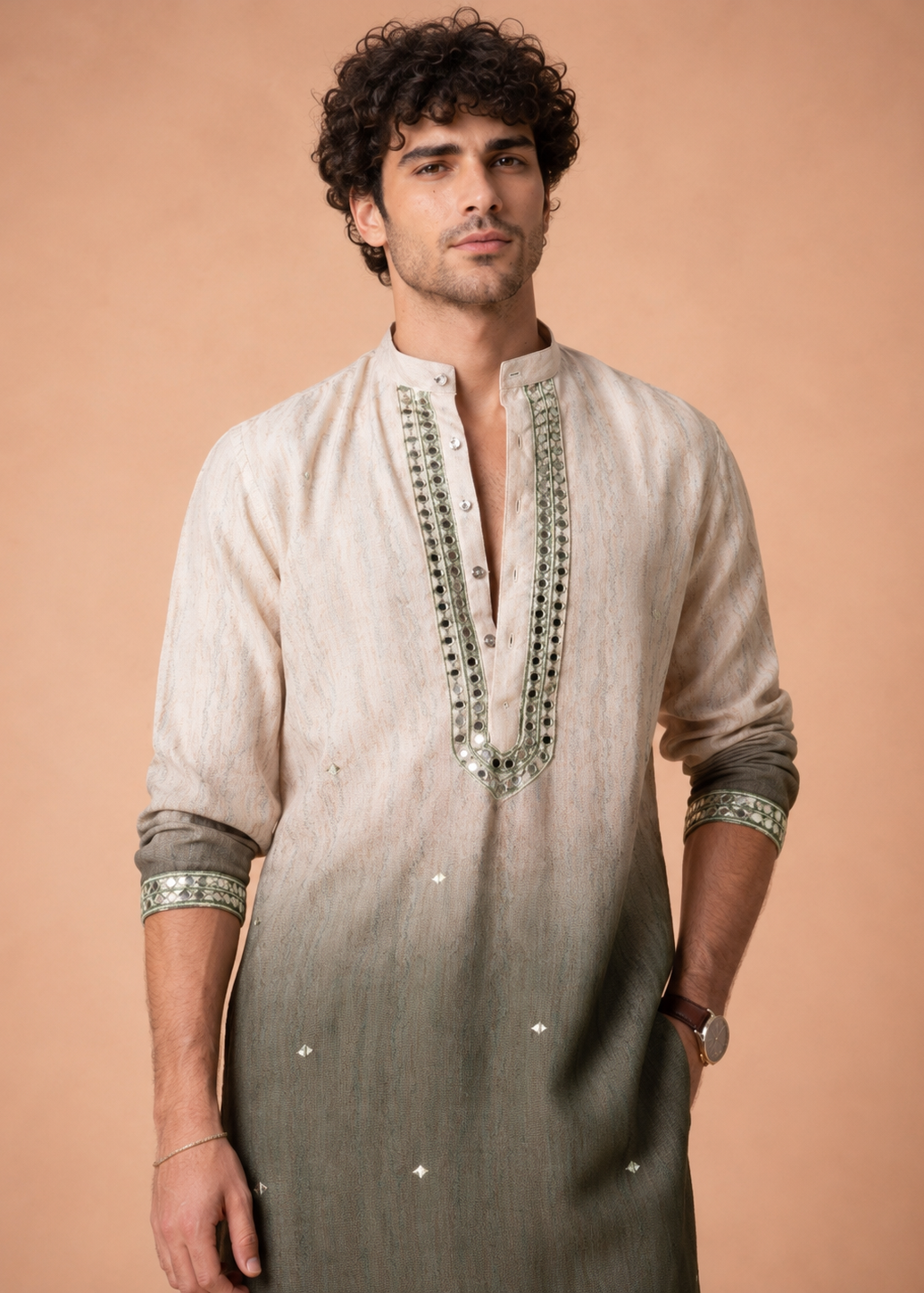Men Ombre Embellished Sequinned Kurta Trouser Set