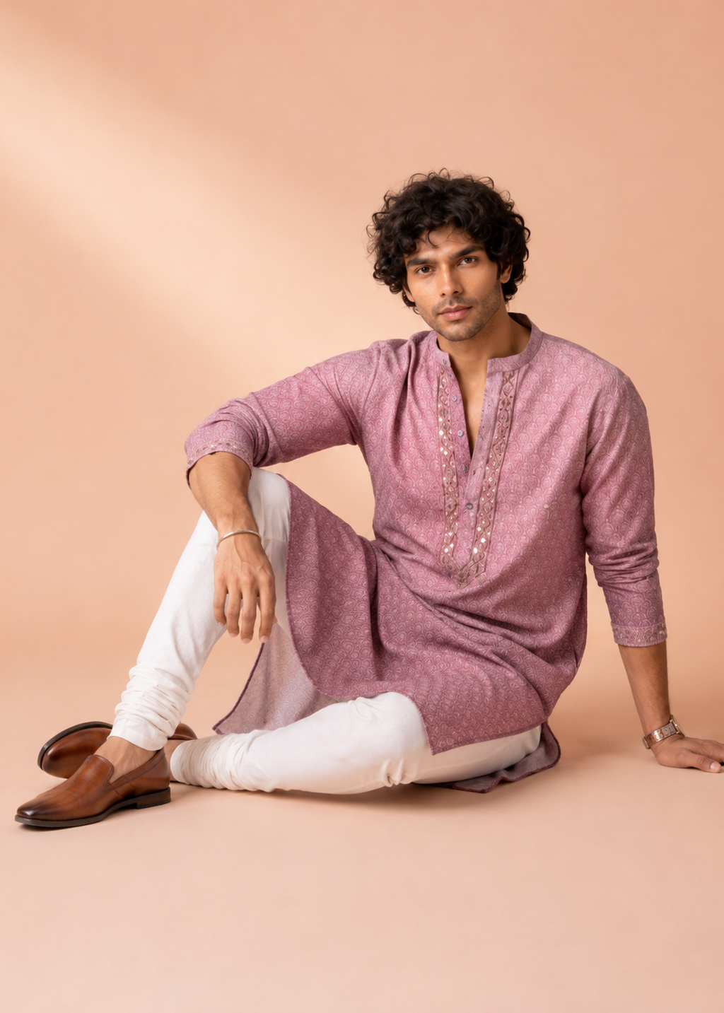 Dusty Rose Mirrorwork Embroidered Kurta Trouser Set