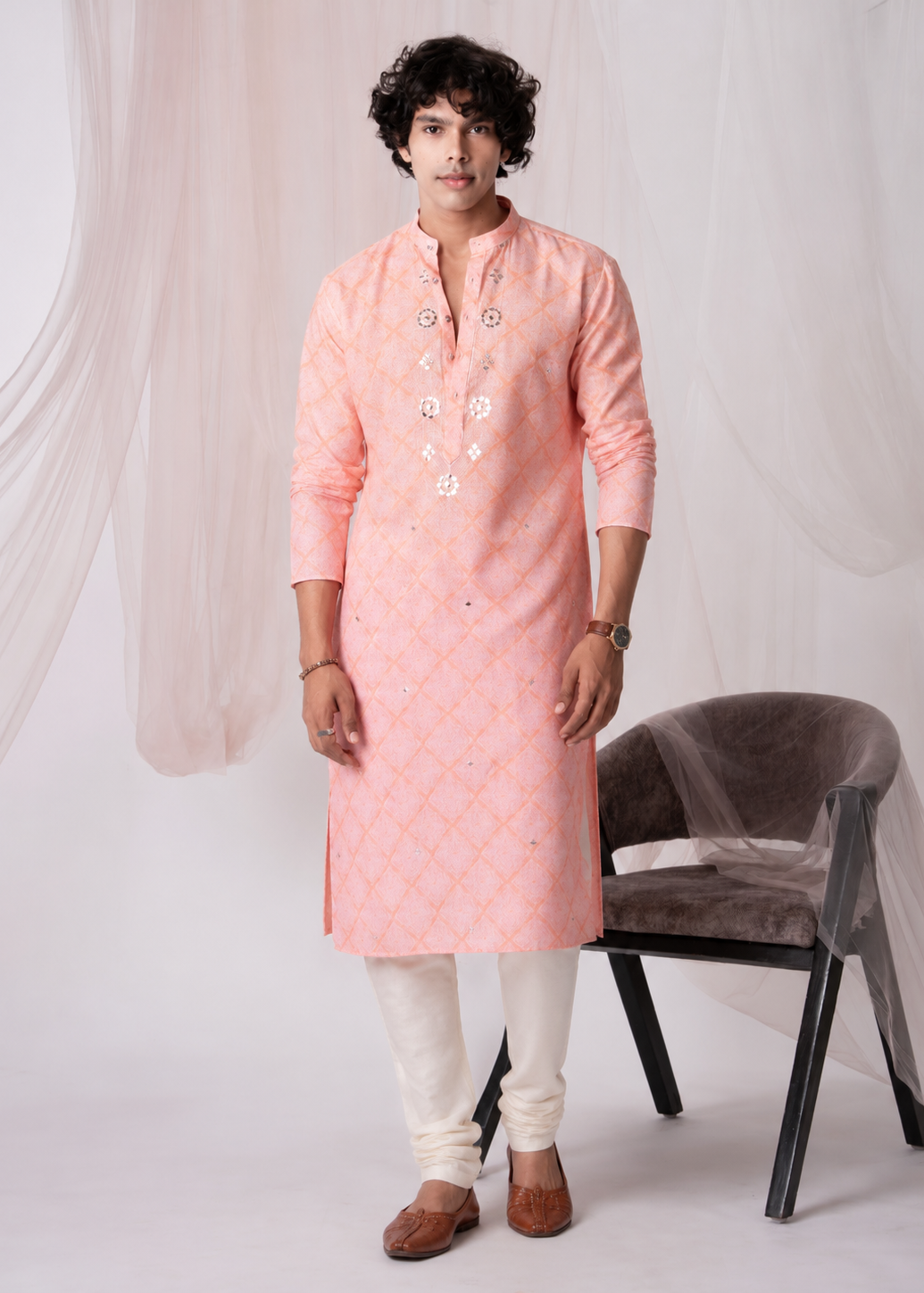 Peach Mirrorwork Embroidered Kurta Set