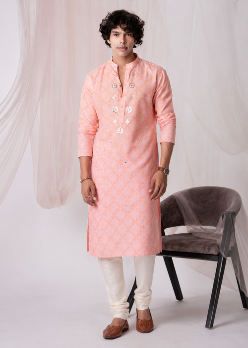 Peach Mirrorwork Embroidered Kurta Set