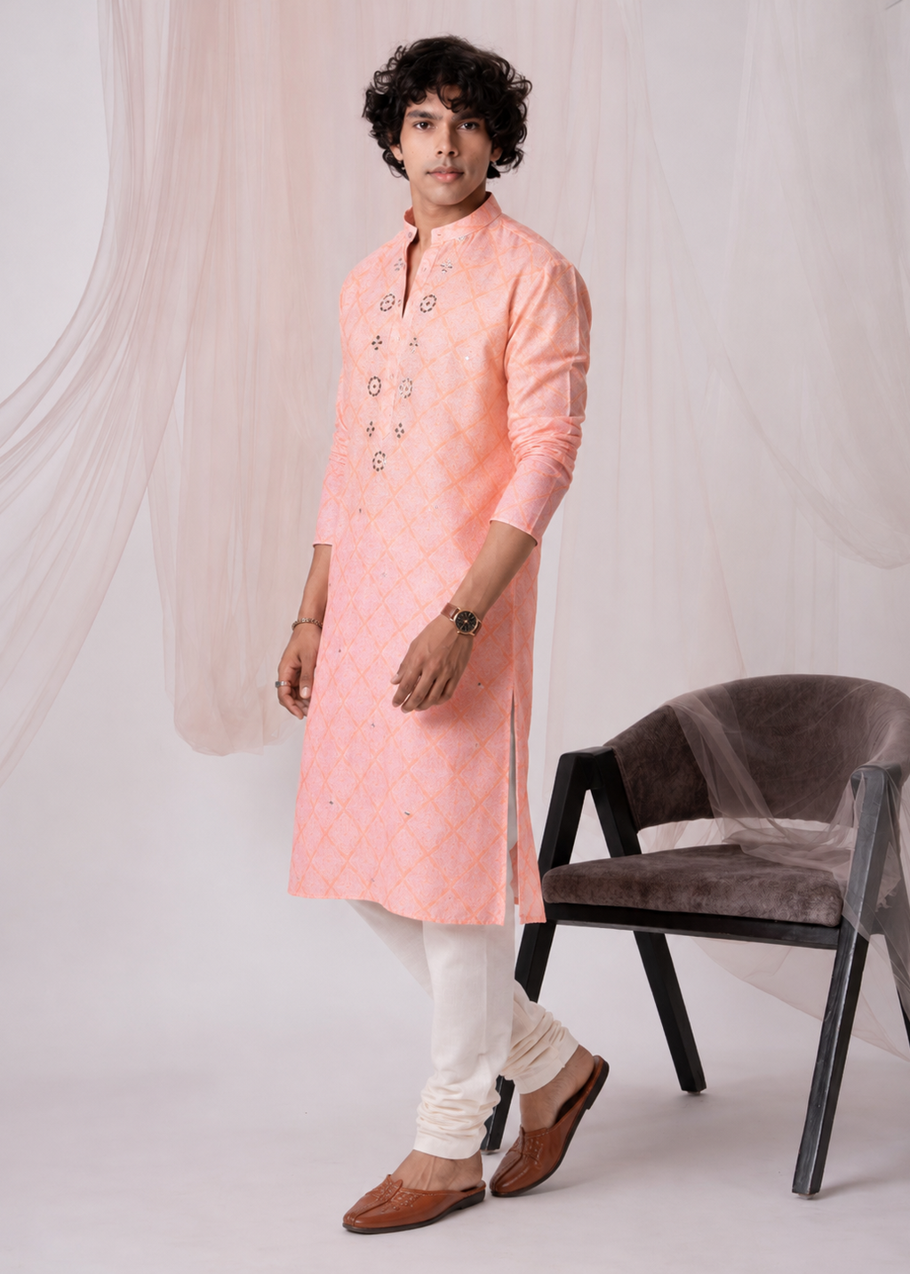 Peach Mirrorwork Embroidered Kurta Set