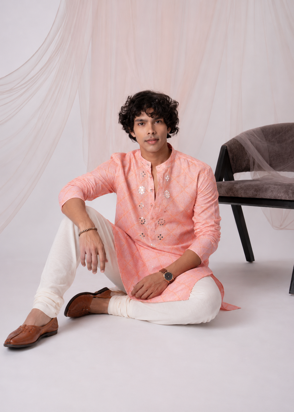 Peach Mirrorwork Embroidered Kurta Set