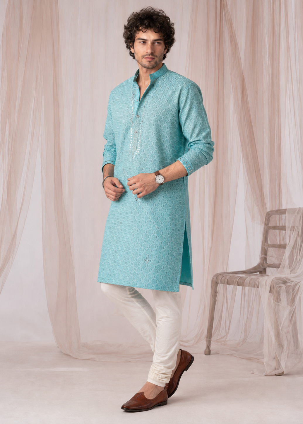 Seafoam Mirrorwork Festive Kurta Trouser Set