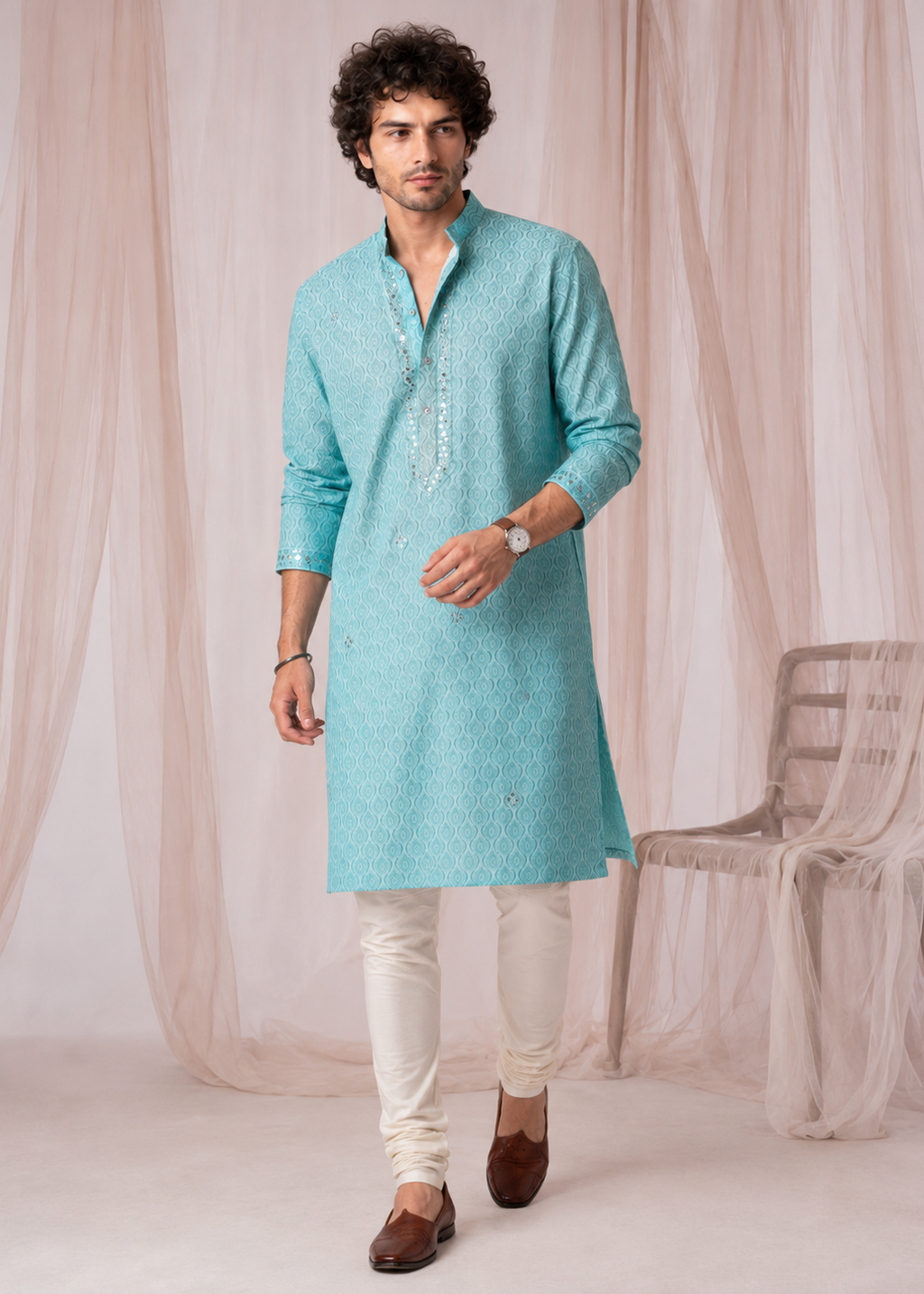 Seafoam Mirrorwork Festive Kurta Trouser Set