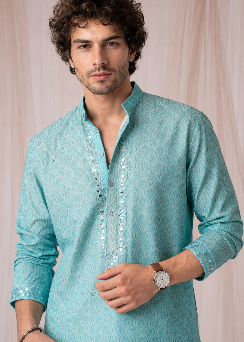 Seafoam Mirrorwork Festive Kurta Trouser Set