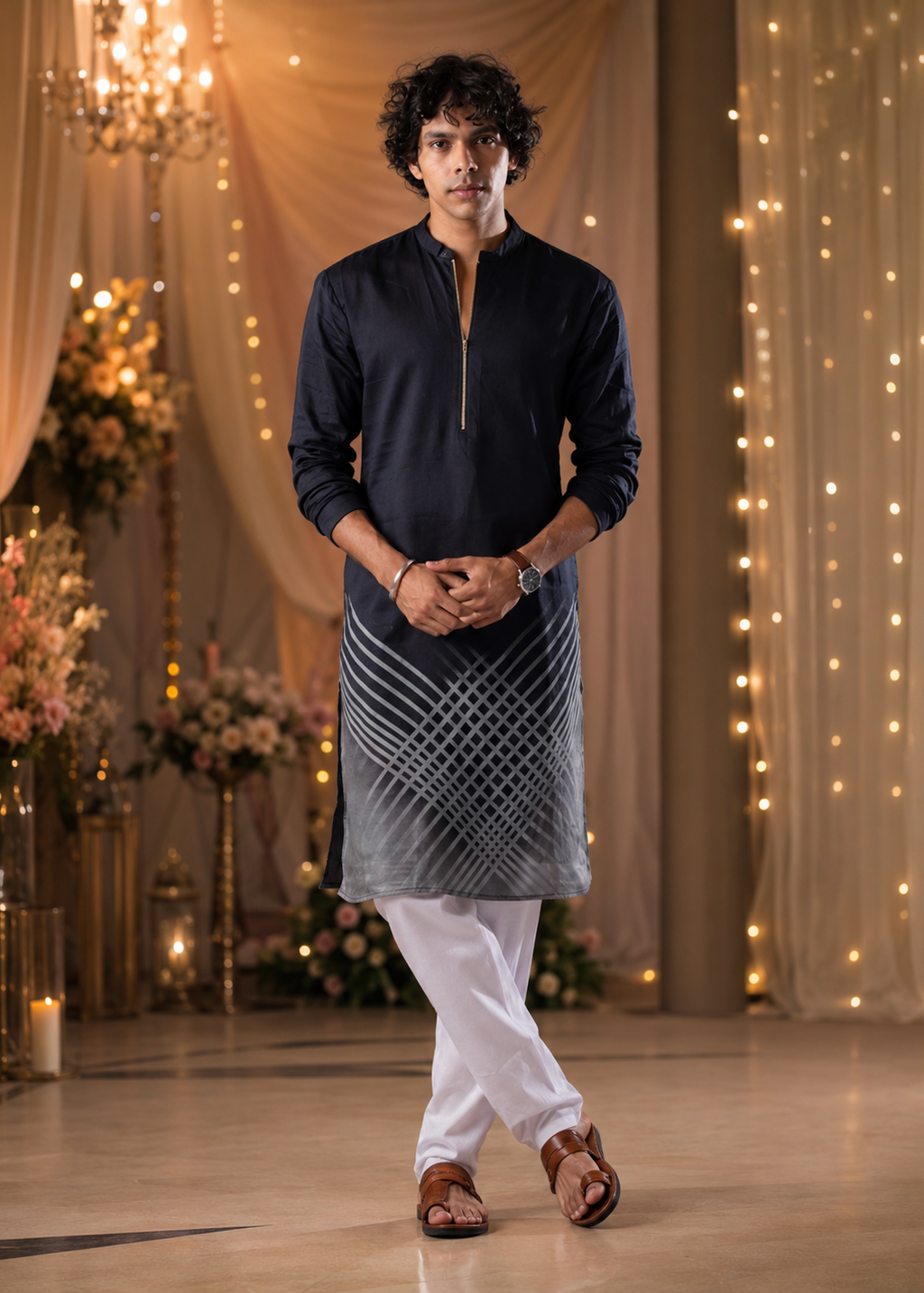 Men Midnight Grid Ombre Kurta Trouser Set