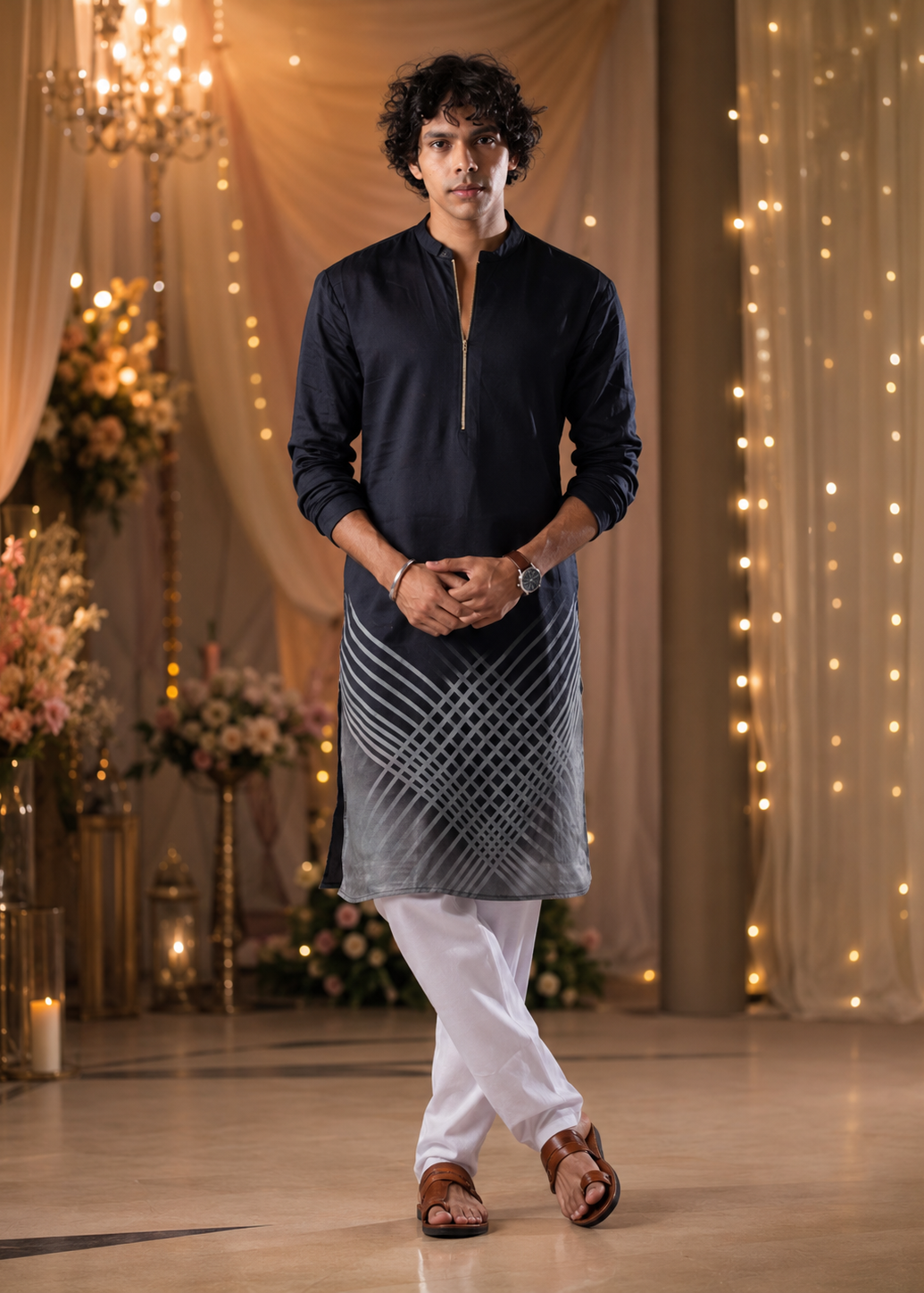 Men Midnight Grid Ombre Kurta Trouser Set